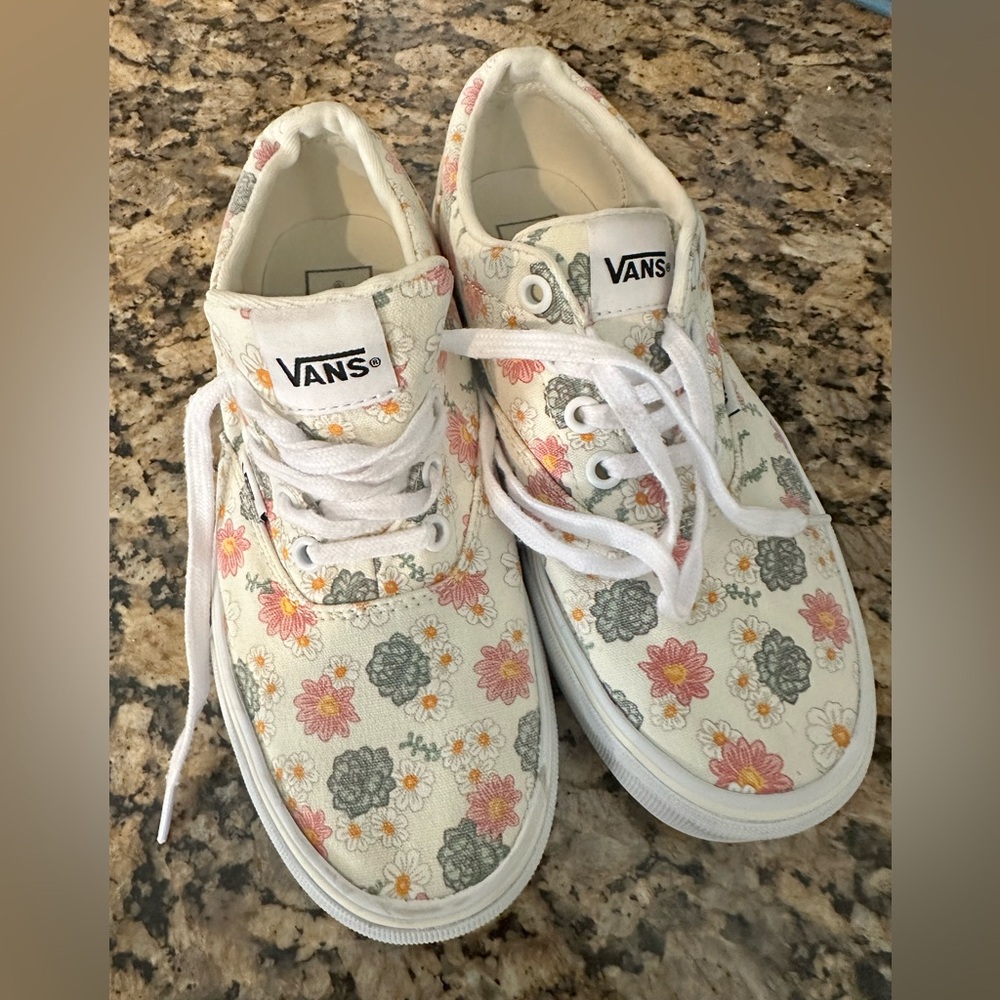 Vans White Canvas Floral Sneakers with Pink & Green Flowers